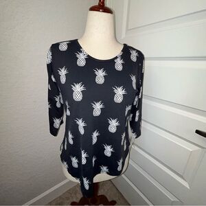 New, Lulu-B Asymmetrical Pineapple Print 3/4 Sleeve Shirt Blouse Top